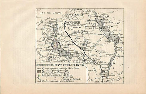LAMINA ESPASA 500: Mapa de las operaciones en Francia y Belgica en 1918
