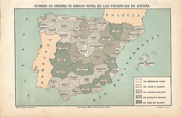 LAMINA ESPASA 5670: Mapa de España de cabezas de ganado