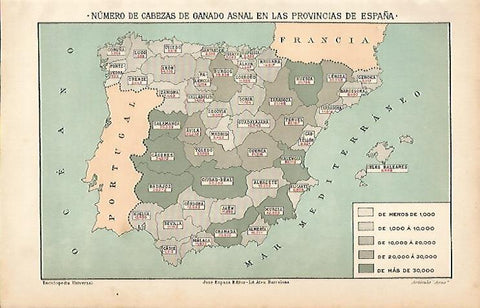 LAMINA ESPASA 5670: Mapa de España de cabezas de ganado