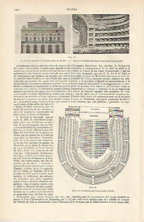 LAMINA ESPASA 5833: Teatro Real de Madrid y planta de localidades del Liceo de Barcelona