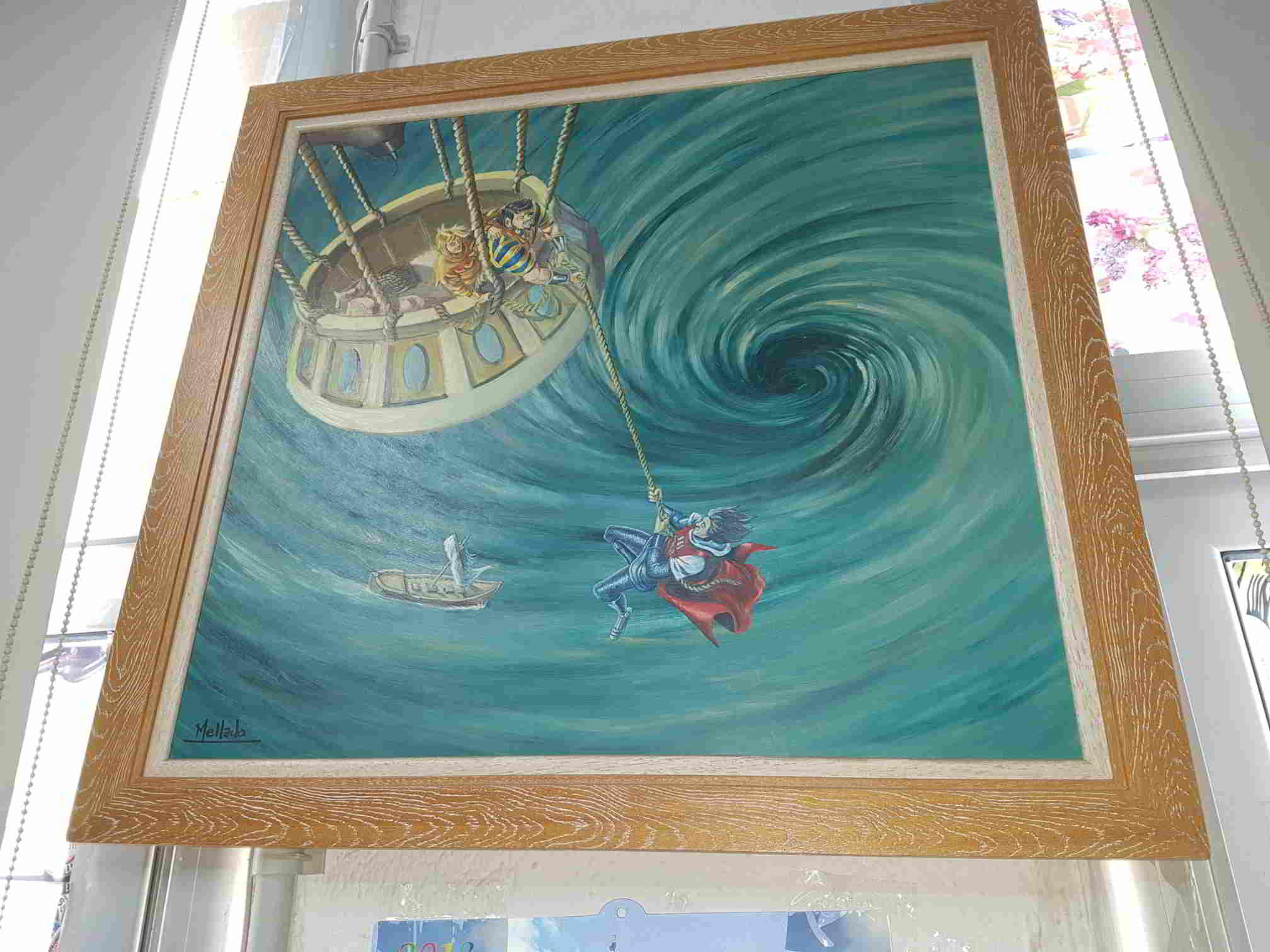 Cuadro de acuarela del Capitan Trueno, Crispin y Goliat firmado por Juan Antonio Mellado en un globo sobrevolando un remolino de agua en el mar 