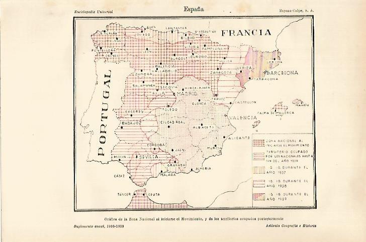 LAMINA ESPASA 27256: Mapa de la Zona Nacional durante la Guerra Civil