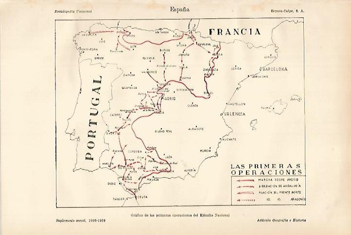 LAMINA ESPASA 27260: Mapa de las primeras operaciones de la Guerra Civil