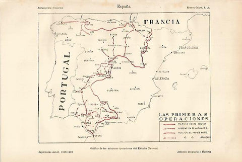 LAMINA ESPASA 27260: Mapa de las primeras operaciones de la Guerra Civil