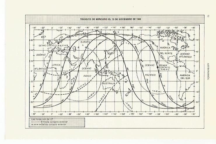 LAMINA ESPASA 27432: Mapa mundial del transito del mercurio en 1986