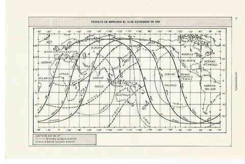 LAMINA ESPASA 27432: Mapa mundial del transito del mercurio en 1986