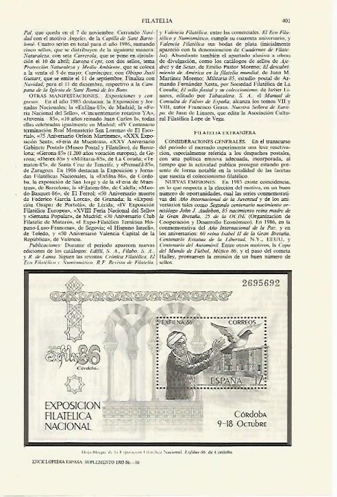 LAMINA ESPASA 27439: Hoja de la Exposicion Filatelica Nacional de 1986