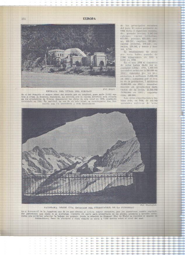 Lamina/sheet/feuille numerada 353/354: Suiza: taller industria relojera y Tunel del Simplon y Vista desde estacion ferrocarril de la Jungfrau