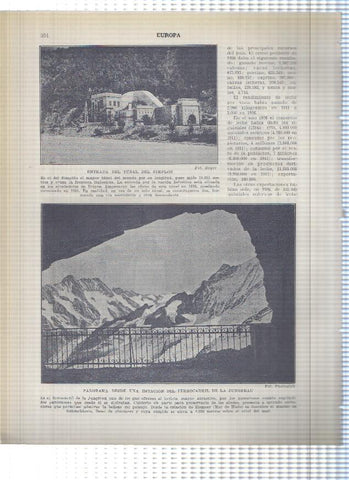 Lamina/sheet/feuille numerada 353/354: Suiza: taller industria relojera y Tunel del Simplon y Vista desde estacion ferrocarril de la Jungfrau