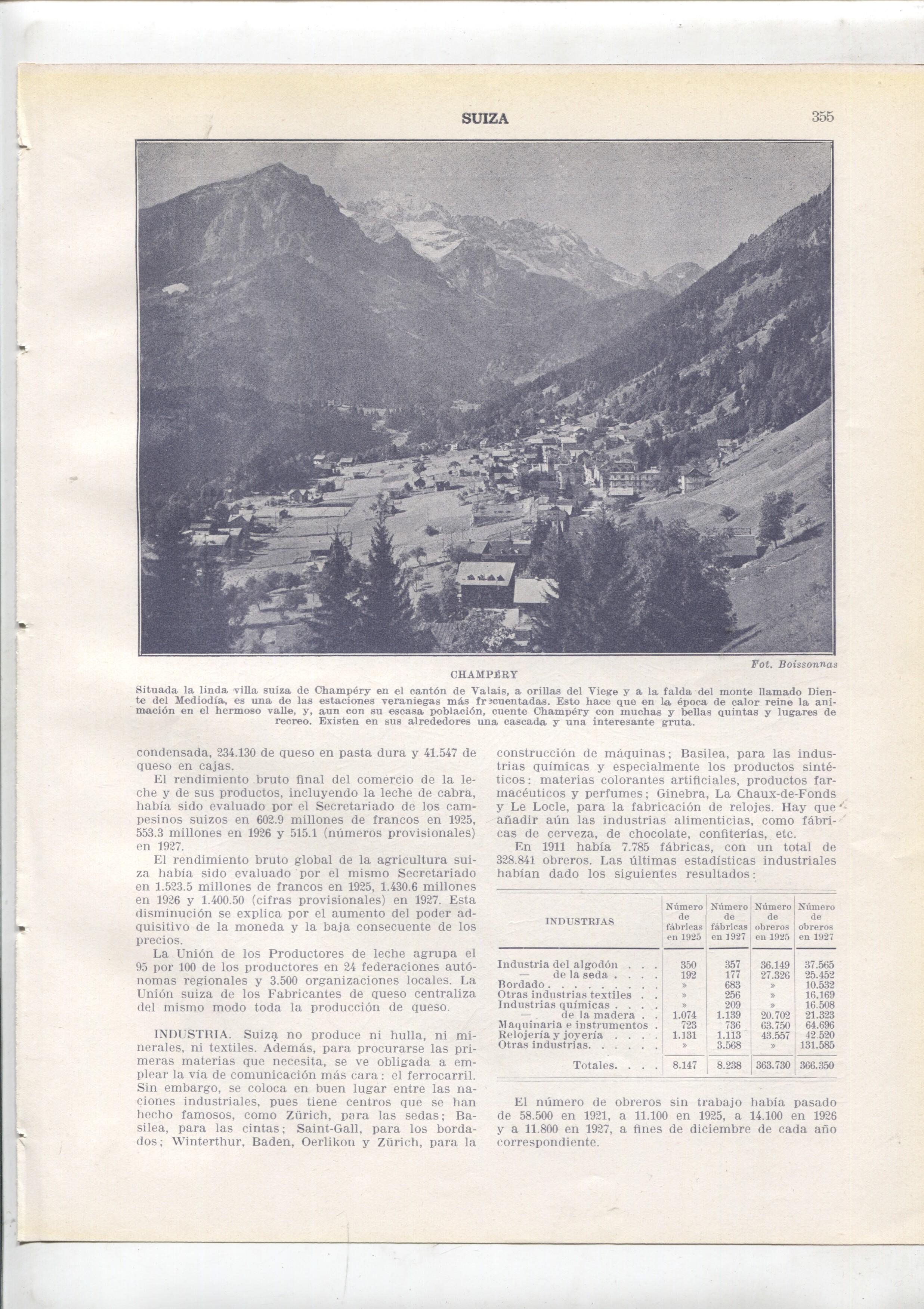 Lamina/sheet/feuille numerada 355/356: Suiza: vista de Champery y plano de Berna