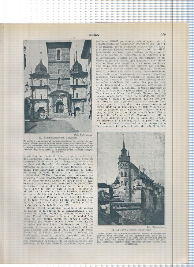 Lamina/sheet/feuille numerada 369/370: Suiza: ayuntamientos de Soleura y Friburgo y el mercado de Neuchatel