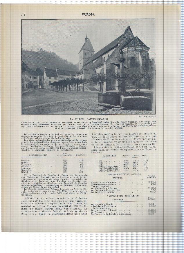 Lamina/sheet/feuille numerada 373/374: Suiza: Vista de Sion y la iglesia de Sainte Ursanne