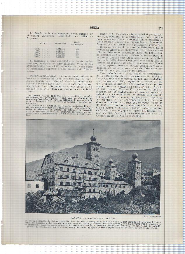 Lamina/sheet/feuille numerada 375/376: Suiza: Palacio de stockalper en Brigue y Dent du midi
