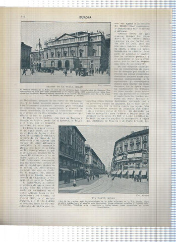 Lamina/sheet/feuille numerada 415/416: Italia: Vista de Milan , Teatro de la Scala y Via Dantes en Milan