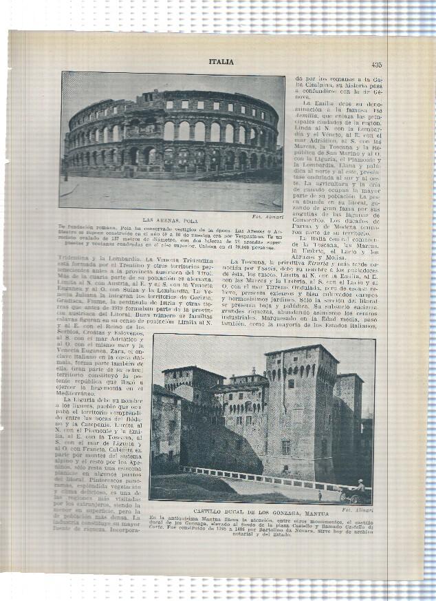 Lamina/sheet/feuille numerada 435/436: Italia: Las Arenas en Pola, Castillo Ducal de los Gonzaga en Mantua, 