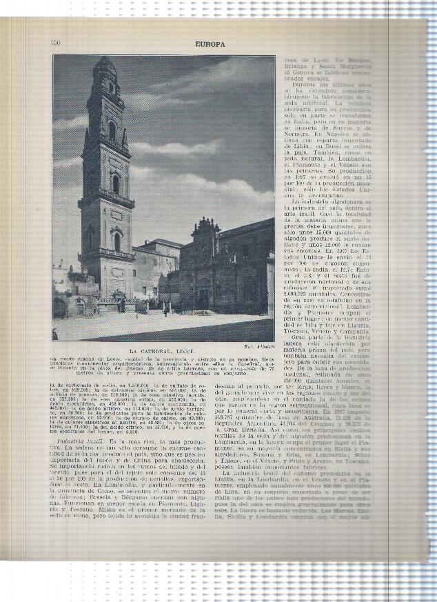 Lamina/sheet/feuille numerada 449/450: Italia: Vista de Bolsena y La catedral de Lecce