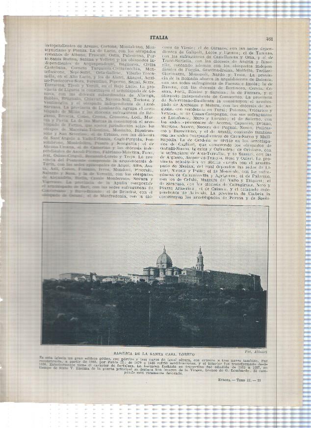 Lamina/sheet/feuille numerada 461/462: Italia: Basilica de la Santa Casa en Loreto y Listado provincias y municipios en 1927/28