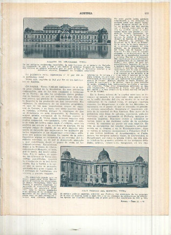 Lamina/sheet/feuille numerada 493/494: Austria: Palacio de Belvedere , Gran Portico del Hofburg, Palacio Schoenbrunn y Canal del Danubio en Viena  