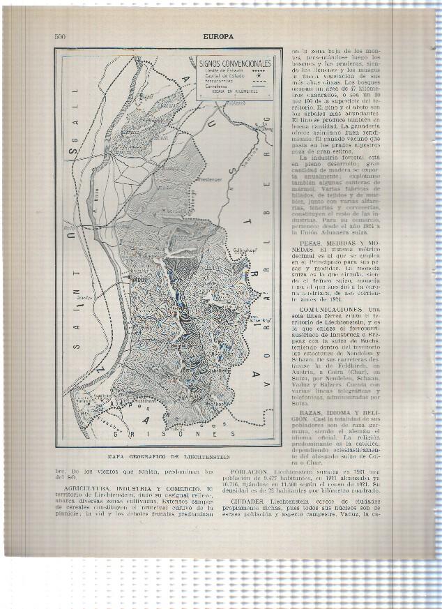 Lamina/sheet/feuille numerada 499/500. Liechtenstein: Vista general y mapa geografico