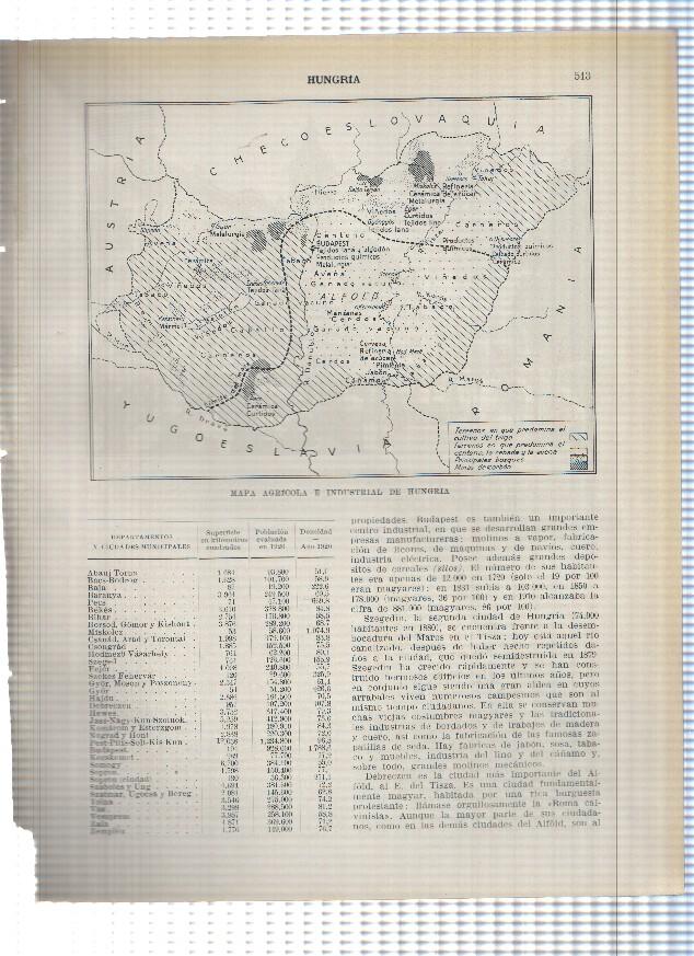 Lamina/sheet/feuille numerada 513/514: Hungria: mapa agricola e industrial y Plaza del Mercado en Szeged