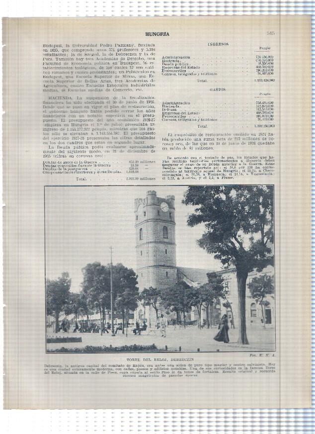 Lamina/sheet/feuille numerada 515/516: Hungria: Torre del reloj en Debreczin, ayuntamiento de Becskemet y Plaza ayuntamiento en Miskolcz