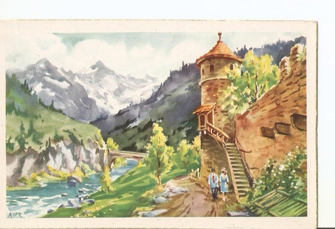 Postal 026385 : Postal coloreada. Pareja paseando junto al rio