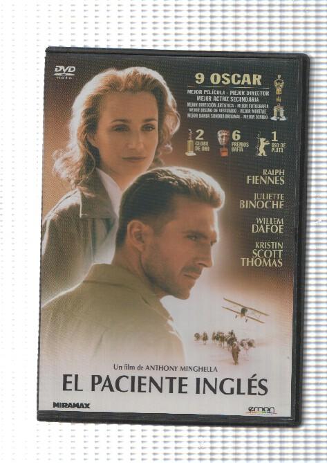 DVD: El paciente Ingles, con contenido extra. Un film de Anthony Minghella con Ralph Fiennes, Juliette Binoche, Willem Dafoe, Kristin Scott Thomas. Miramax. 9 Oscars