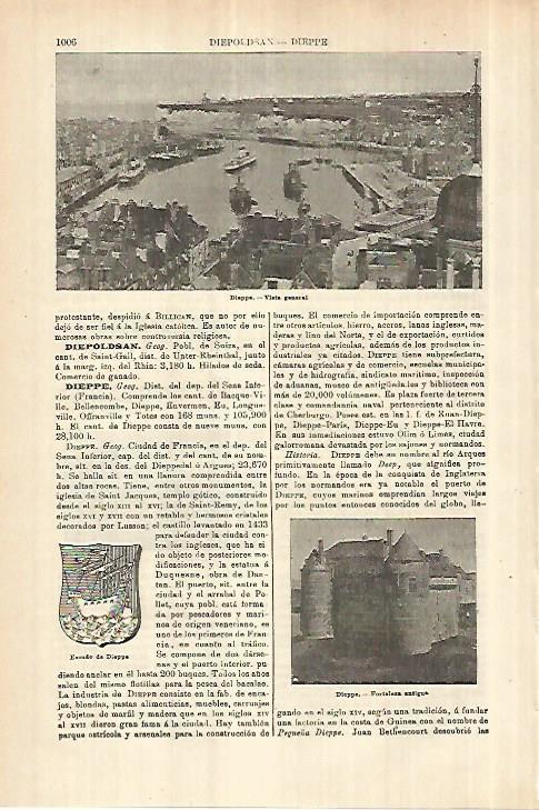 LAMINA ESPASA 27839: Escudo y vistas de Dieppe Francia