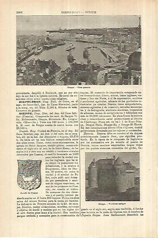 LAMINA ESPASA 27839: Escudo y vistas de Dieppe Francia