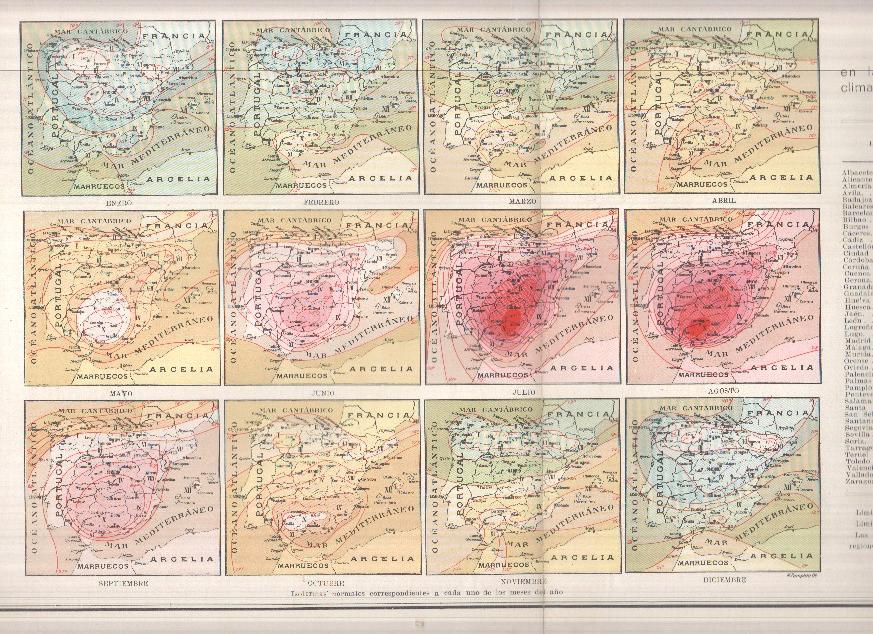 Lamina/sheet/feuille COLOR numerada 22: Mapa temperaturas estaciones climatologicas de España en uin quinquenio