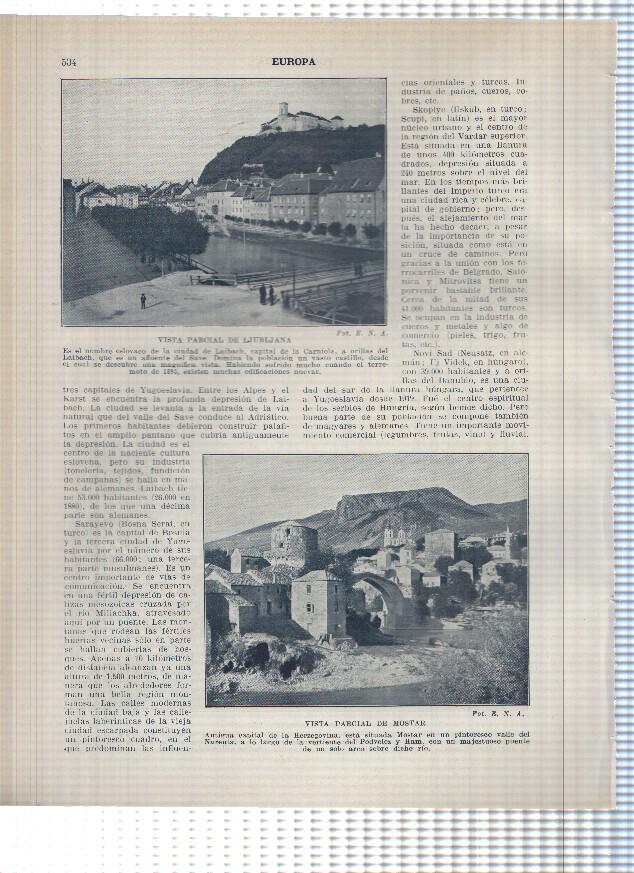 Lamina/sheet/feuille numerada 533/534: Yugoslavia: Plaza de Jelacic en Agram , Vistas de Ljubljana y Mostar