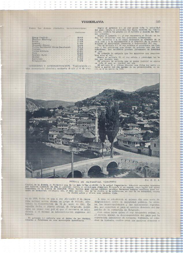 Lamina/sheet/feuille numerada 535/536: Yugoslavia: Puente de Alifakovaz en Sarayevo, Vista de Travnik