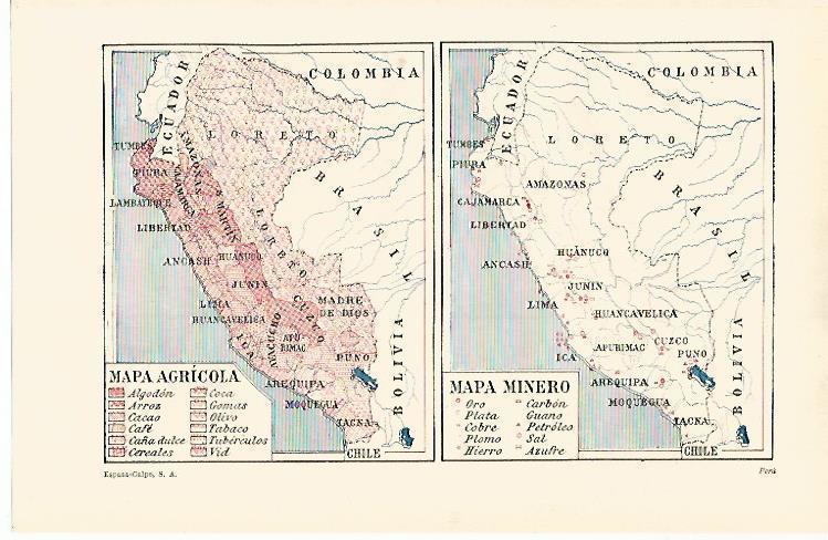 LAMINA ESPASA 15822: Mapa agricola y minero de Peru