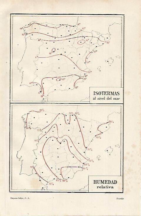 LAMINA ESPASA 15551: Mapa de isotermas y humedad relativa de España