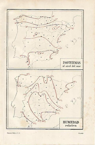 LAMINA ESPASA 15551: Mapa de isotermas y humedad relativa de España