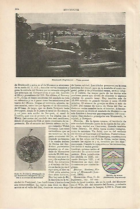 LAMINA ESPASA 27917: Vista y escudo de Monmouth Inglaterra