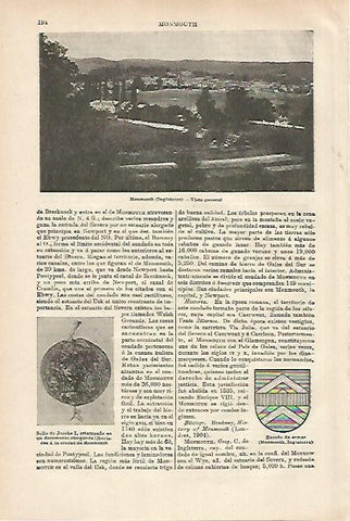 LAMINA ESPASA 27917: Vista y escudo de Monmouth Inglaterra