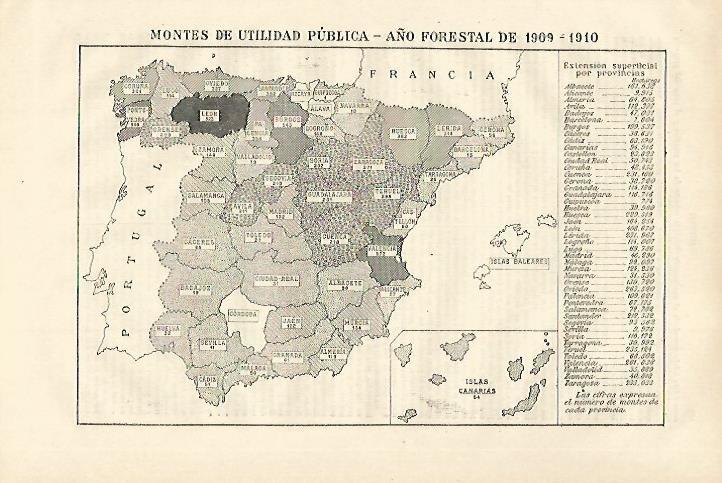 LAMINA ESPASA 27975: Mapa de España de los montes de utilidad publica  1909-1910