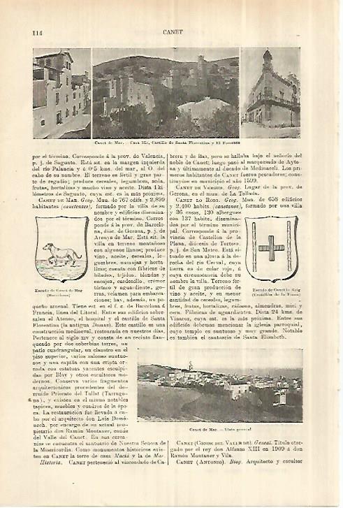 LAMINA ESPASA 28207: Vistas y escudo de Canet de Mar Barcelona