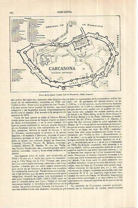 LAMINA ESPASA 28314: Plano antiguo de Carcassone Francia