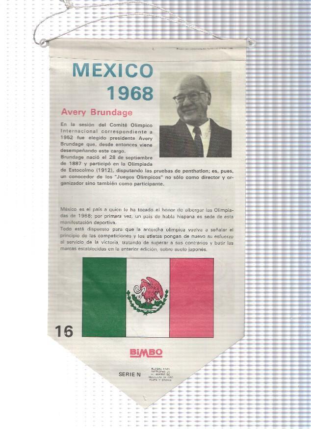 BANDERIN: MEXICO 1968 - Banderin Bimbo. Practicante de Cesta. Ficha de Avery Brundage en trasera