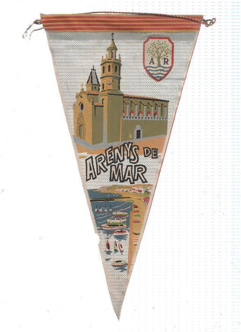 BANDERIN: ARENYS DE MAR (Barcelona) - Ilustracion de la Iglesia de Santa Maria y escudo de la localidad