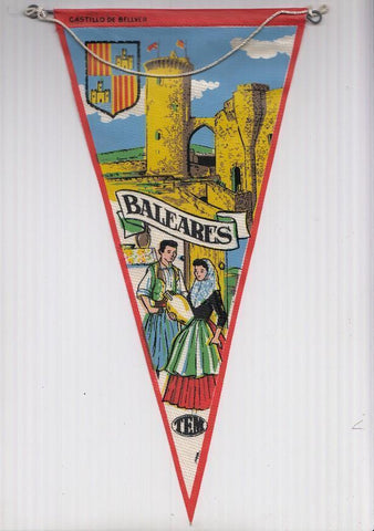 BANDERIN: TEM BALEARES- Ilustracion del CASTILLO DE BELLVER, Trajes tipicos y escudo de la localidad