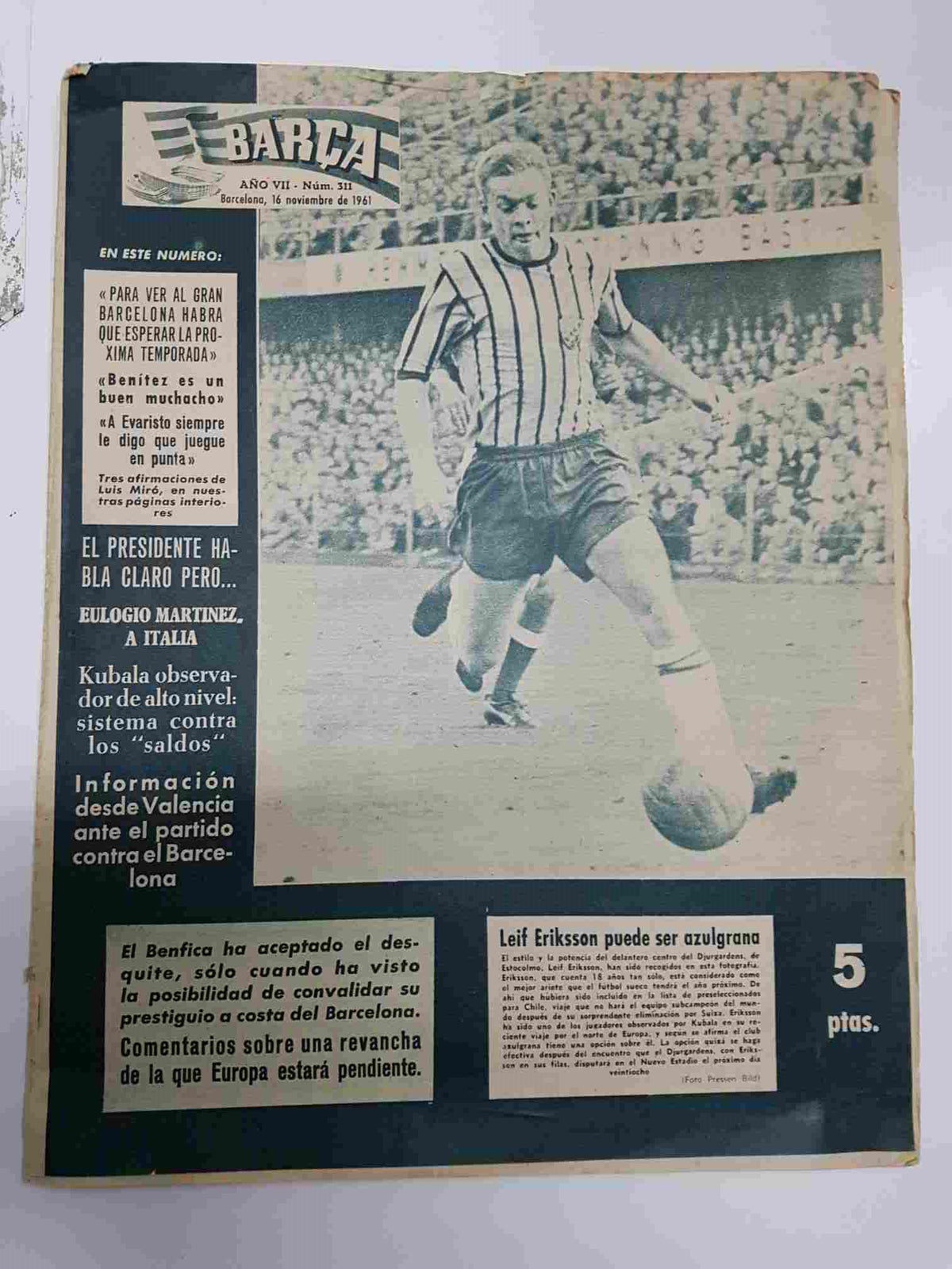 Revista Barça: Año VII num 311, del año 1961. Leif Eriksson puede ser azulgrana
