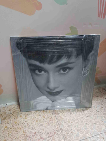Cuadro de madera con una raspadura cerca del ojo izquierdo: con foto en blanco y negro de Audrey Hepburn
