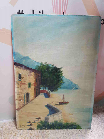 Lamina de madera cartone: con dibujo hecho con acuarela. Casa de pueblo junto al mar y una barca amarrada (firma Nadal)