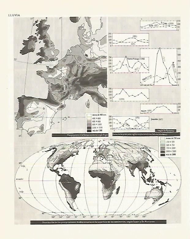 LAMINA LAROUSSE 70246: Mapa de España y del Mundo de precipitaciones