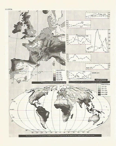 LAMINA LAROUSSE 70246: Mapa de España y del Mundo de precipitaciones