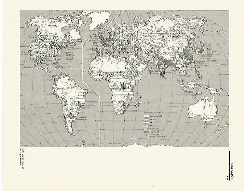 LAMINA LAROUSSE 70345: Mapa de la poblacion mundial