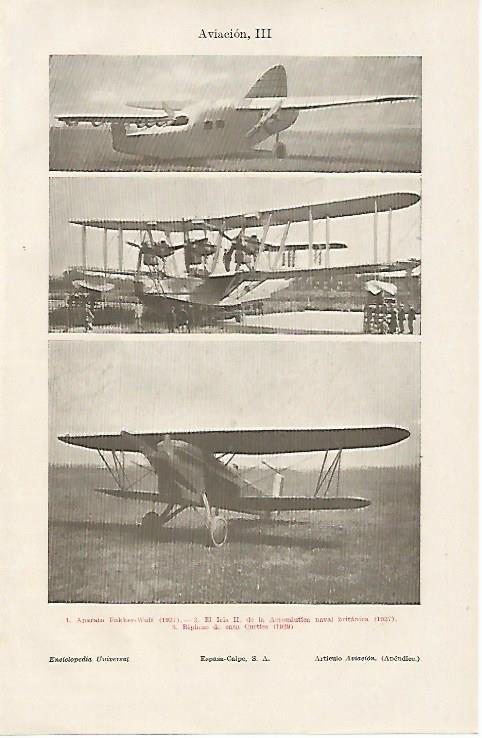 LAMINA ESPASA 10927: Aparato Fokkere-Wulf de 1927 el Iris II de 1927 y el Curtiss de 1929